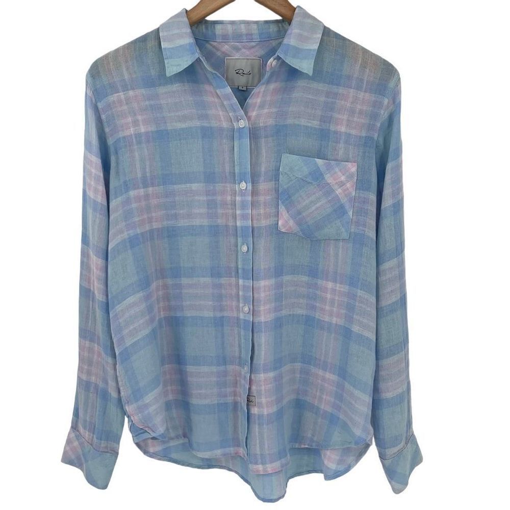 Rails Charli Linen Blend Open Stitch Shirt Button Up Women Small Aqua Pink Blue